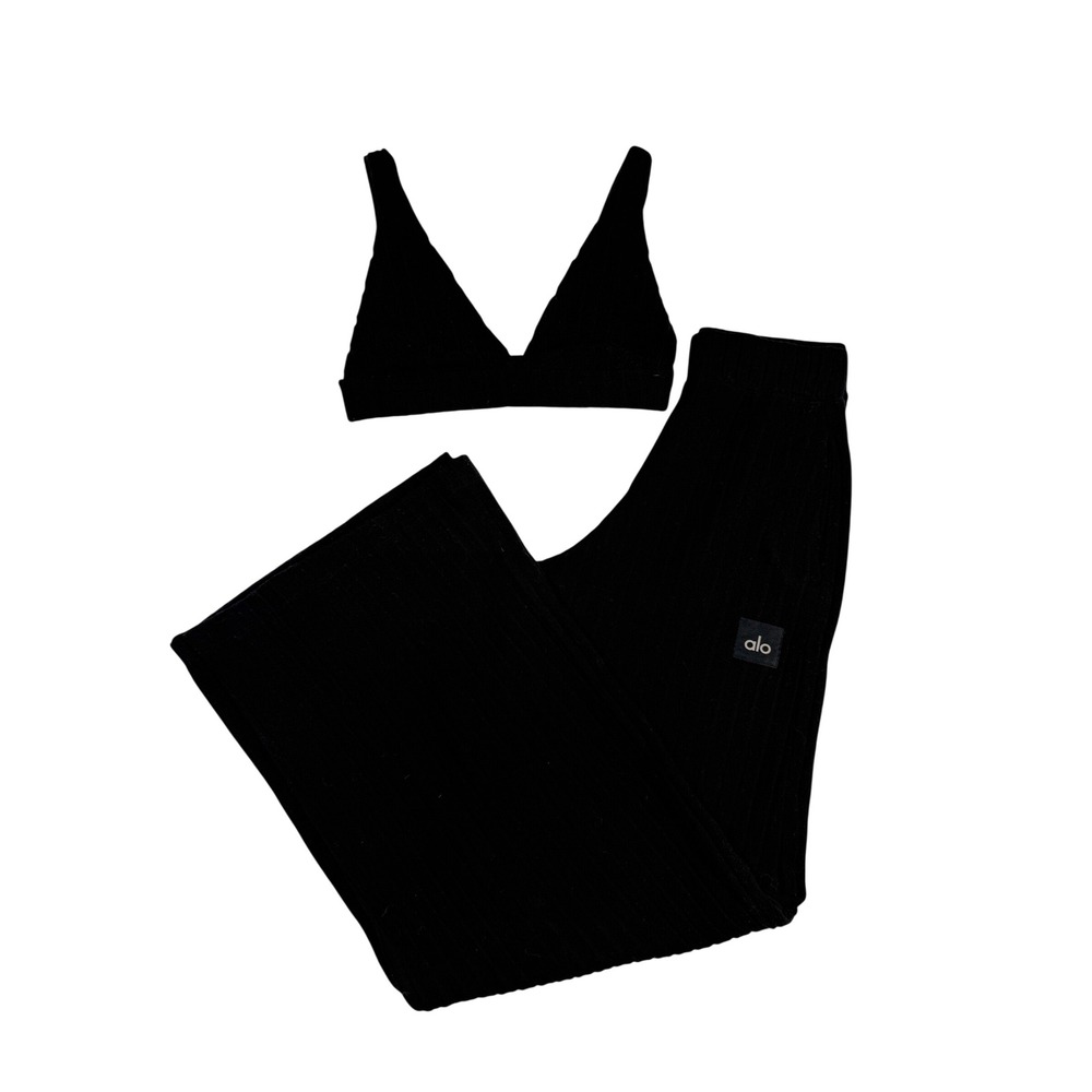 Alo Yoga Black Ribbed Knit Bralette and Wide Leg Pants Lounge Set Womens small - Picture 2 of 10